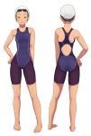  1girl absurdres back_cutout barefoot black_hair breasts closed_mouth collarbone commentary_request goggles goggles_on_headwear half-closed_eyes hand_on_hip highres knees multiple_views original putchers shoulder_blades swim_cap swimsuit toes white_headwear 