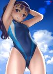  1girl armpits arms_up ass_visible_through_thighs blue_sky breasts clouds commentary_request competition_swimsuit covered_navel cowboy_shot eyebrows_visible_through_hair groin highres long_hair looking_at_viewer mu-pyon one-piece_swimsuit open_mouth original outdoors purple_hair sky small_breasts solo swimsuit violet_eyes 