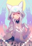  1girl brand_new_animal closed_mouth commentary_request gloves hair_between_eyes hands_up highres hiwatashi_nazuna hood hoodie long_hair looking_at_viewer multicolored_hair num_(zombie_headline) pink_hair red_eyes smile solo two-tone_hair white_gloves white_hair white_hoodie 