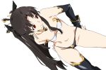  1girl black_hair black_legwear black_ribbon breasts closed_mouth fate/grand_order fate_(series) hair_ribbon ishtar_(fate)_(all) ishtar_(fate/grand_order) long_hair medium_breasts midriff navel red_eyes ribbon simple_background single_thighhigh smile solo thigh-highs two_side_up umanosuke white_background 