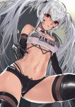  1girl alabama_(azur_lane) alternate_breast_size azur_lane bandeau bangs bikini bikini_top bikini_under_clothes black_gloves black_legwear blush body_markings bodypaint breasts crossed_bangs dark_skin detached_collar elbow_gloves facepaint gloves heart heart_necklace highres long_hair looking_at_viewer native_american navel ootani_nonno parted_lips print_bandeau red_eyes see-through silver_hair small_breasts solo swimsuit thigh-highs thighs twintails 