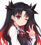  1girl ;) black_hair black_ribbon blush eyebrows_visible_through_hair fate/grand_order fate_(series) hair_ribbon ishtar_(fate)_(all) ishtar_(fate/grand_order) long_hair long_sleeves looking_at_viewer multicolored_hair one_eye_closed red_eyes red_neckwear red_ribbon ribbon sakura_nnk simple_background smile solo space_ishtar_(fate) two-tone_hair two_side_up upper_body v white_background 