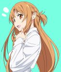  1girl asuna_(sao) brown_eyes brown_hair eyebrows_visible_through_hair green_background highres long_hair long_sleeves looking_at_viewer open_mouth shirt solo sword_art_online teeth umanosuke upper_teeth white_shirt 