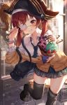  alternate_costume bag blush breasts chair eyepatch fingernails food hat highres hololive houshou_marine ice_cream leg_up looking_at_viewer necktie one_eye_closed pirate_hat pruding reaching_out redhead school_uniform table virtual_youtuber 