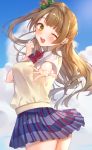  1girl ;d absurdres bangs blue_skirt blue_sky blunt_bangs bow bowtie brown_hair cardigan clouds commentary_request day djchanmio eyebrows_visible_through_hair green_bow hair_bow highres long_hair looking_at_viewer love_live! love_live!_school_idol_project minami_kotori one_eye_closed open_mouth plaid plaid_skirt red_neckwear school_uniform short_sleeves side_ponytail signature skirt sky smile solo striped striped_neckwear teeth thighs upper_teeth yellow_cardigan yellow_eyes 