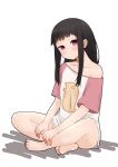  1girl bangs bare_shoulders barefoot black_hair blush closed_mouth collarbone fate/grand_order fate_(series) full_body funbuns head_tilt highres i.u.y long_hair off_shoulder osakabe-hime_(fate/grand_order) raglan_sleeves shadow shirt short_sleeves sitting soles solo violet_eyes white_background white_shirt 