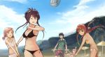  1boy 5girls bare_arms bare_shoulders beach beach_umbrella beach_volleyball bikini black_bikini black_hair braid breasts brown_hair closed_eyes commentary_request crown_braid day doki_doki_literature_club duck_print falling front-tie_bikini front-tie_top green_eyes green_shirt hair_ornament hair_up hairclip highres korean_commentary large_breasts long_hair low_twintails medium_breasts monika_(doki_doki_literature_club) motion_blur multiple_girls natsuki_(doki_doki_literature_club) navel open_mouth outdoors pink_eyes pink_hair print_shorts protagonist_(doki_doki_literature_club) purple_hair sayori_(doki_doki_literature_club) shina_(be_dulgi) shirt short_hair short_sleeves shorts side-tie_bikini swimsuit twin_braids twintails umbrella volleyball xo yellow_bikini yuri_(doki_doki_literature_club) 