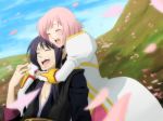  1boy 1girl belt black_hair blush bracelet cha_(komekko) closed_eyes couple dress elbow_gloves estellise_sidos_heurassein gloves hug hug_from_behind jewelry laughing long_hair petals pink_hair short_hair tales_of_(series) tales_of_vesperia tree yuri_lowell 