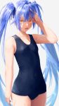  absurdres amamiya_kokoro blush commentary eyebrows_visible_through_hair fang hair_ornament hand_in_hair highres nanome_to nijisanji open_mouth school_swimsuit simple_background skin_fang standing swimsuit twintails yellow_eyes 