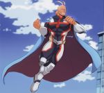  1boy all_might antenna_hair bara blonde_hair blue_eyes bodysuit boku_no_hero_academia cape chest clouds cloudy_sky covered_abs flying full_body hair_slicked_back highres male_focus messy_hair muscle short_hair sky stormcallart thick_thighs thighs 