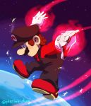  alternate_costume blue_eyes boots brown_hair facial_hair flying gloves glowing_hands highres mario super_mario_bros. mustache outstretched_arms overalls platiniridium red_shirt shirt simple_background space super_mario_bros. super_smash_bros. white_gloves 