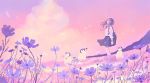  1girl animal backpack bag bird closed_eyes closed_mouth field flower hill landscape medium_hair nature original outdoors penguin pink_sky scenery skirt sky smile standing tabisumika watch wide_shot 