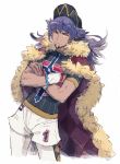  1boy bangs baseball_cap cape closed_mouth commentary crossed_arms dark_skin dark_skinned_male dynamax_band facial_hair floating_hair fur-trimmed_cape fur_trim hat leon_(pokemon) long_hair looking_at_viewer male_focus number pokemon pokemon_(game) pokemon_swsh purple_hair red_cape shirt short_sleeves shorts smile solo white_background white_shorts yellow_eyes yoisho_(yoisyoisyo) 
