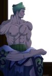  1boy abs alternate_costume chest crossed_legs earrings facial_scar green_hair highres japanese_clothes jewelry kimono male_focus muscle nipples one_eye_closed one_piece open_clothes open_kimono pectorals pinattsu roronoa_zoro scar shirtless short_hair solo thighs toned toned_male 