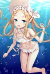  1girl abigail_williams_(swimsuit_foreigner)_(fate) bangs bare_shoulders bikini blonde_hair blue_eyes blush bonnet bow breasts commentary_request fate/grand_order fate_(series) floating_hair forehead hair_bow highres long_hair looking_at_viewer navel parted_bangs shino_skk sidelocks small_breasts smile swimsuit twintails underwater very_long_hair white_bikini white_bow white_headwear 