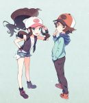  1boy 1girl baseball_cap black_footwear black_pants black_vest blue_eyes boots brown_hair commentary_request denim denim_shorts eyelashes hand_on_headwear hand_up hat hilbert_(pokemon) hilda_(pokemon) hood hoodie index_finger_raised kurochiroko looking_to_the_side open_mouth orange_footwear pants pokemon pokemon_(game) pokemon_bw shirt shorts sleeveless sleeveless_shirt teeth tongue two-tone_headwear upper_teeth vest white_shirt 