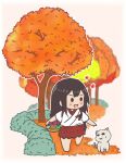  1girl akagi_(kancolle) autumn_leaves basket brown_hair cat chibi commentary_request food hakama hakama_short_skirt hakama_skirt highres japanese_clothes kantai_collection long_hair megahiyo red_hakama skirt straight_hair sweet_potato tasuki tree younger 