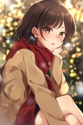  1girl :d absurdres backlighting bangs blush brown_coat brown_eyes brown_hair coat commentary_request crossed_legs earrings enpera eyebrows_visible_through_hair glint hand_on_own_cheek highres jewelry kanojo_okarishimasu kurousagi_yuu long_hair long_sleeves looking_at_viewer mizuhara_chizuru motion_blur open_mouth outdoors parted_bangs red_scarf scarf sitting smile snowing solo stud_earrings winter 