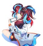  1girl absurdres bangs black_hair black_sailor_collar black_shirt blue_hair blue_nails breasts censored fate/grand_order fate_(series) grin hair_ornament highres holding jacket jeffrey10 long_sleeves looking_back mosaic_censoring multicolored_hair nintendo_switch off-shoulder_jacket playing_games redhead sailor_collar sei_shounagon_(fate) shadow shirt sitting smile solo twintails white_background white_jacket yellow_eyes 