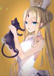  1girl abigail_williams_(fate/grand_order) abigail_williams_(swimsuit_foreigner)_(fate) absurdres bangs bare_shoulders black_cat blonde_hair blue_eyes braid braided_bun breasts cat covered_navel double_bun dress_swimsuit fate/grand_order fate_(series) forehead hane_yuki highres huge_filesize keyhole long_hair looking_at_viewer mitre open_mouth parted_bangs sidelocks small_breasts swimsuit twintails very_long_hair white_headwear white_swimsuit 