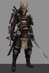  1boy armor commentary_request full_armor full_body grey_background helmet holding holding_sword holding_weapon japanese_armor katana mask original samurai sheath sheathed simple_background solo standing sword user_wkx2360 weapon 