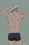  1boy back boxer_briefs chest cowboy_shot earrings facial_scar green_hair highres jewelry male_focus male_underwear muscle one_piece pinattsu roronoa_zoro scar short_hair solo thighs toned toned_male towel underwear 