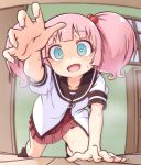  1girl :d all_fours aqua_eyes arm_support bangs black_legwear blunt_bangs collarbone commentary_request crazy_eyes eyebrows_visible_through_hair hair_bobbles hair_ornament hand_on_floor kneeling looking_at_viewer nanamori_school_uniform open_hand open_mouth outstretched_arm pink_eyes pontasu school_uniform serafuku shiny shiny_hair smile socks solo sweatdrop twintails yoshikawa_chinatsu yuru_yuri 