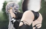 1girl arknights ass bangs bare_shoulders bent_over black_legwear black_panties blurry blurry_background crocodilian_tail detached_sleeves english_commentary from_behind highres large_tail long_hair looking_at_viewer looking_back panties pointy_ears sidelocks silver_hair solo tail thigh-highs thighs tomimi_(arknights) underwear vchan very_long_hair yellow_eyes 