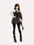  1girl brown_eyes cosplay drellatsun final_fantasy final_fantasy_vii full_body hand_on_hip highres long_hair looking_at_viewer low-tied_long_hair niijima_makoto niijima_makoto_(cosplay) pantyhose persona persona_5 shuujin_academy_uniform simple_background skirt smile solo tifa_lockhart very_long_hair waistcoat 