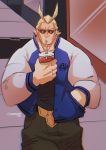  1boy all_might alternate_costume antenna_hair bara belt blonde_hair blue_eyes body_hair boku_no_hero_academia cowboy_shot cup drinking_straw hair_slicked_back hand_in_pocket highres male_focus muscle pants short_hair stormcallart sunglasses 