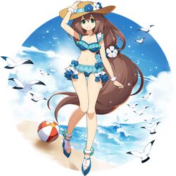  1girl alternate_color android ball beach beachball bikini bird blue_sky breasts brown_hair clouds facing_viewer flower frilled_bikini frills full_body green_eyes hair_between_eyes hand_on_headwear hat hat_flower highres iris_(rockman_x) long_hair low-tied_long_hair medium_breasts mizuno_keisuke official_art rockman rockman_x rockman_x_dive seagull sky smile solo summer sun_hat swimsuit transparent_background 