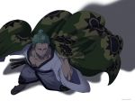  1boy abs chest earrings facial_scar from_above full_body green_hair highres japanese_clothes jewelry kimono male_focus muscle one_eye_closed one_piece open_clothes open_kimono pinattsu roronoa_zoro sandals scar short_hair simple_background solo toned toned_male 