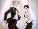  2boys arm_up ass black_hair blazer blue_eyes bow bowtie brown_eyes collared_shirt formal hair_slicked_back hand_on_own_chest jacket jewelry katsuki_yuuri male_focus multiple_boys ring shirt silver_hair smile suit twitter_username viktor_nikiforov yamano_uzura yuri!!!_on_ice 