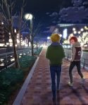  2boys afro bare_tree blonde_hair blue_pants blue_scarf building clouds commentary_request fence flint_(pokemon) kurochiroko light long_sleeves looking_back male_focus moon multiple_boys night outdoors pants pokemon pokemon_(game) pokemon_dppt redhead scarf shoes sky spiky_hair star_(sky) tree volkner_(pokemon) walking water 