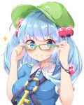  1girl arms_up bangs bespectacled blue_eyes blue_hair blue_shirt bracelet breasts commentary_request eyebrows_visible_through_hair flat_cap glasses green-framed_eyewear green_headwear hair_bobbles hair_ornament hands_on_eyewear hat jewelry kawashiro_nitori key large_breasts looking_at_viewer looking_over_eyewear rururiaru shirt simple_background smile solo sparkle standing touhou two_side_up upper_body white_background 