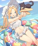  1girl :d abigail_williams_(fate/grand_order) abigail_williams_(swimsuit_foreigner)_(fate) animal bangs bare_arms bare_shoulders bikini black_cat blonde_hair blue_eyes blush bonnet bow breasts cat commentary_request day eyebrows_visible_through_hair eyes_visible_through_hair fate/grand_order fate_(series) food hair_bow heart holding holding_food horizon innertube kildir long_hair looking_at_viewer navel ocean open_mouth outdoors outstretched_arms pancake parted_bangs polka_dot small_breasts smile solo stack_of_pancakes strapless strapless_bikini swimsuit twintails very_long_hair water white_bikini white_bow white_headwear 