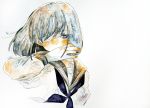  1girl bangs eyebrows_visible_through_hair highres long_hair long_sleeves multicolored multicolored_hair nijimukiokuiro original school_uniform serafuku simple_background swept_bangs traditional_media watercolor_(medium) 