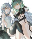  2girls antenna_hair arknights bangs bare_shoulders black_legwear breasts cup drinking_glass eyebrows_visible_through_hair gavial_(arknights) green_hair grin hair_between_eyes hand_up highres hillly_(maiwetea) holding holding_cup long_hair medium_breasts multiple_girls navel off_shoulder parted_lips pointy_ears silver_hair simple_background small_breasts smile stomach tail thigh-highs thighs tomimi_(arknights) visor_cap white_background yellow_eyes 