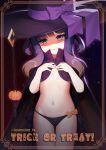  1girl cape closed_mouth cowboy_shot groin halloween halloween_costume hat highres kantai_collection long_hair mole mole_under_eye navel purple_hair shaded_face smile solo trick_or_treat tsushima_(kantai_collection) twitter_username unidentified_nk violet_eyes witch_hat 