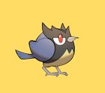  beak bird closed_mouth commentary_request full_body gen_8_pokemon nanaki_(mkmk_915) no_humans pokemon pokemon_(creature) red_eyes rookidee simple_background wings yellow_background 