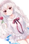  1girl arcaea cowboy_shot flower highres hikari_(arcaea) long_hair long_sleeves pleated_skirt red_eyes red_flower red_ribbon red_rose ribbon rose skirt solo user_ekxa4273 veil white_background white_hair white_serafuku white_skirt 