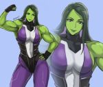  1girl black_gloves clenched_hand dark_green_hair eyebrows fingerless_gloves gloves green_eyes green_hair green_lips green_skin hand_on_hip lips long_hair marvel muscle muscular_female pants pose purple_legwear purple_pants she-hulk shibusun smile thighs toned 