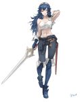  1girl abs arm_up armpits bangs belt blue_eyes blue_footwear blue_gloves blue_hair brown_belt closed_mouth crop_top falchion_(fire_emblem) fingerless_gloves fire_emblem fire_emblem_awakening full_body gloves highres holding holding_sword holding_weapon long_hair lucina lucina_(fire_emblem) navel one_eye_closed ozkh6 pink_lips sheath signature smile standing stomach sword tiara tied_sweater towel weapon white_background white_towel wrist_cuffs 
