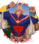  1boy all_might antenna_hair bag bara blonde_hair blue_eyes bodysuit boku_no_hero_academia chest covered_abs english_text flexing full_body grin hair_slicked_back highres male_focus mcdonald&#039;s messy_hair muscle pose shirtless shopping_bag short_hair smile stormcallart upper_body 