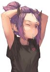  1girl absurdres arknights arms_up black_shirt commentary forehead hair_tie_in_mouth highres horns huge_filesize innochan lava_(arknights) looking_at_viewer mouth_hold one_eye_closed purple_hair shirt short_hair short_sleeves simple_background solo upper_body violet_eyes white_background 