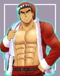  1boy abs akihiro_altland bara belt black_eyes black_hair chest cowboy_shot dark_skin dark_skinned_male ezaki_papiko gundam gundam_tekketsu_no_orphans hat highres male_focus muscle navel nipples open_clothes pectorals santa_costume santa_hat short_hair simple_background solo thick_eyebrows 