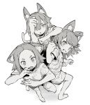  3girls :o animal_ear_fluff animal_ears bangs barefoot blush cat_ears cat_girl cat_tail clenched_hand commentary ddari dress fang from_above greyscale grin hair_between_eyes highres long_hair meme monochrome multiple_girls open_mouth original parody pose romaji_commentary short_hair short_sleeves simple_background smile tail 