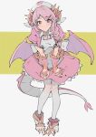  1girl 523_(user_efcm2455) absurdres braid dragon_girl dragon_tail dragon_wings dragonmaid_nasary duel_monster fingerless_gloves gloves highres horns leaning_forward pink_eyes pink_hair smile solo tail wings yuu-gi-ou 