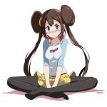  1girl :o arms_between_legs bangs between_legs black_legwear blue_eyes blush breast_squeeze breasts brown_hair crossed_legs double_bun halterneck hand_between_legs highres indian_style legwear_under_shorts long_hair long_sleeves looking_at_viewer medium_breasts open_mouth pantyhose pokemon pokemon_(game) pokemon_bw2 rosa_(pokemon) shorts sidelocks simple_background sitting solo sweat tsukishiro_saika twintails two-tone_shirt white_background yellow_shorts 