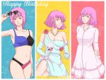  1girl arm_behind_back bikini blue_dress blue_gloves cup dress drinking_glass gloves gundam gundam_zz haman_karn happy_birthday highres looking_at_viewer miki_(miki125dragon) multiple_views pink_eyes pink_hair short_hair swimsuit variations wine_glass zeta_gundam 